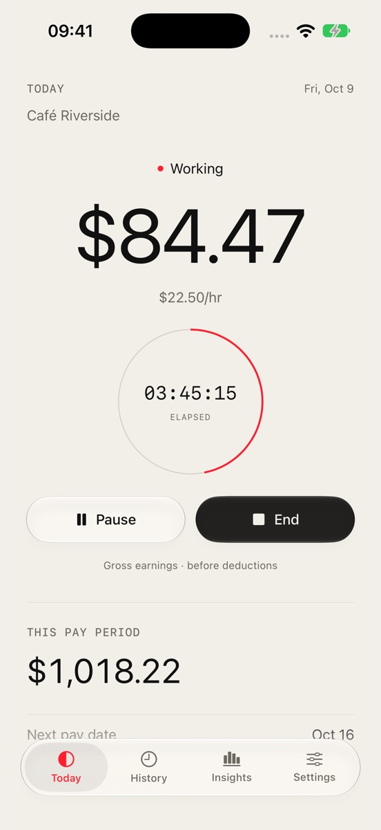 Wagebeat Today screen on iPhone during a shift